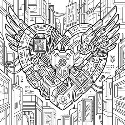 Explore a unique fusion of romance and futuristic technology with this captivating Cyberpunk Cupid's Heart coloring page. Perfect for artists seeking a modern twist on classic love symbols.