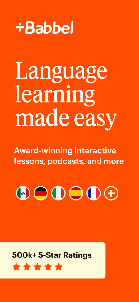 Écran d'introduction de l'application Babbel avec le slogan « Apprendre les langues facilement » et des évaluations d'utilisateurs élevées.