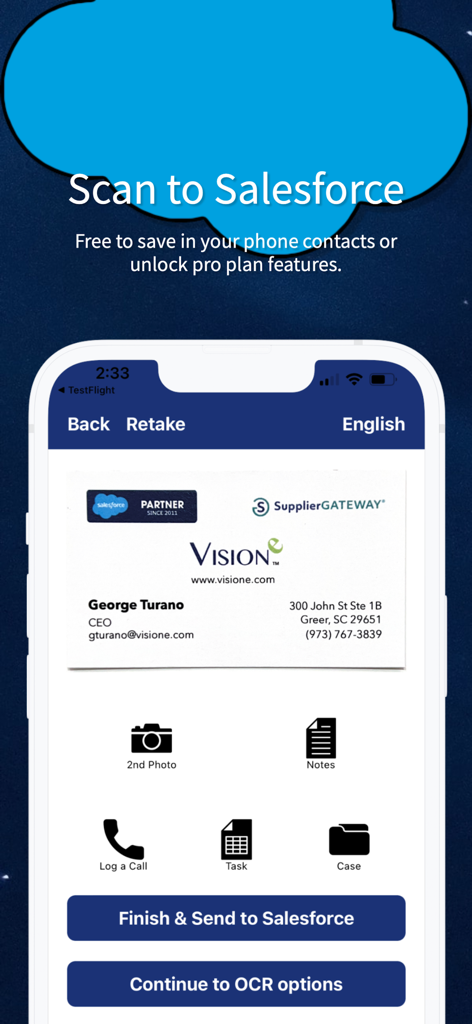 Visione Scan app interface showing a business card ready to be synced with Salesforce