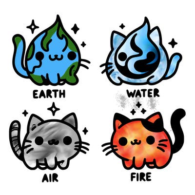 4 cats that represent the different elements, earth, water, air, and fire