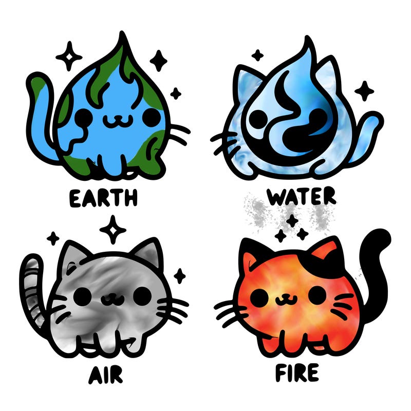 4 cats that represent the different elements, earth, water, air, and fire
