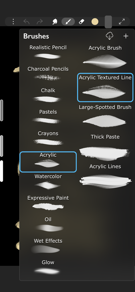 アクリル、水彩、チャコールなどのさまざまなデジタル描画ブラシを示すiArtbookアプリのメニュー。