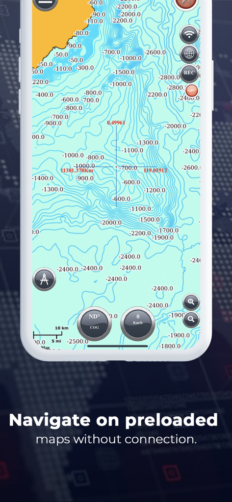 Oberfläche der Marine-Navigations-App mit einer detaillierten bathymetrischen Karte für die Offline-Nutzung.
