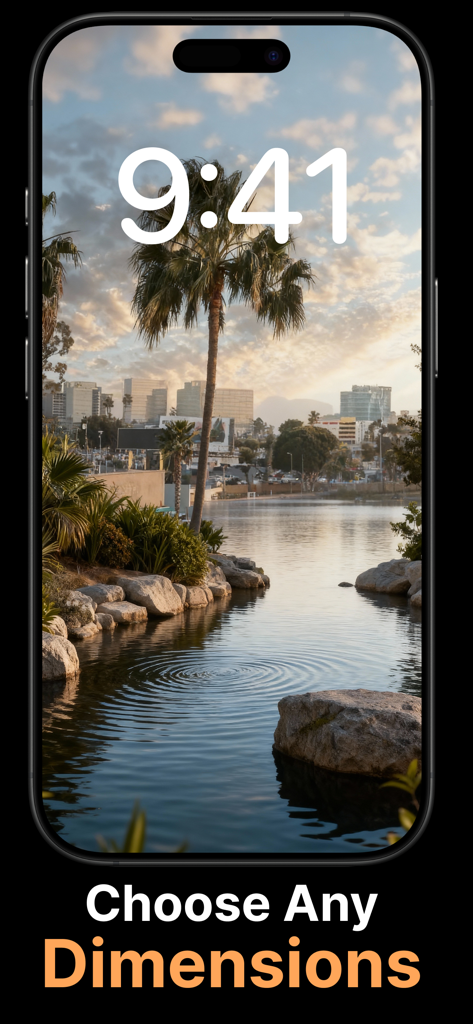 Vista previa de pantalla de bloqueo de iPhone con un fondo de pantalla de paisaje escénico y texto que dice elige cualquier dimensión