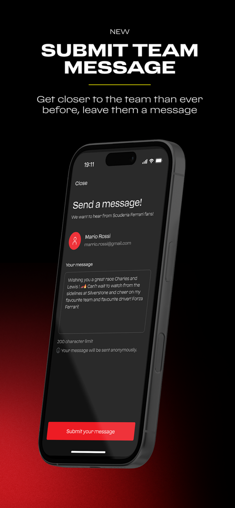 Scuderia Ferrari - Interface of the Scuderia Ferrari app showing a feature to submit messages directly to the team