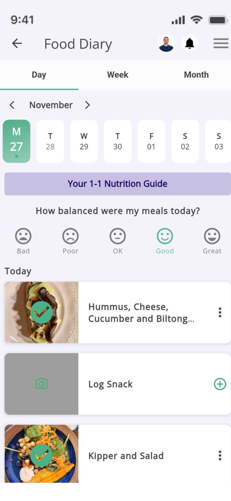 JEFF Fitness - JEFF Fitness app food diary screen displaying meal logs and nutritional balance ratings.