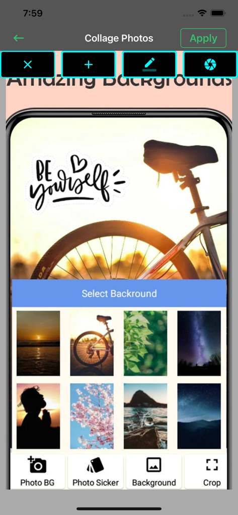 Interface do aplicativo móvel mostrando várias opções de imagem de fundo para criar uma colagem de fotos com prévia de imagem de bicicleta