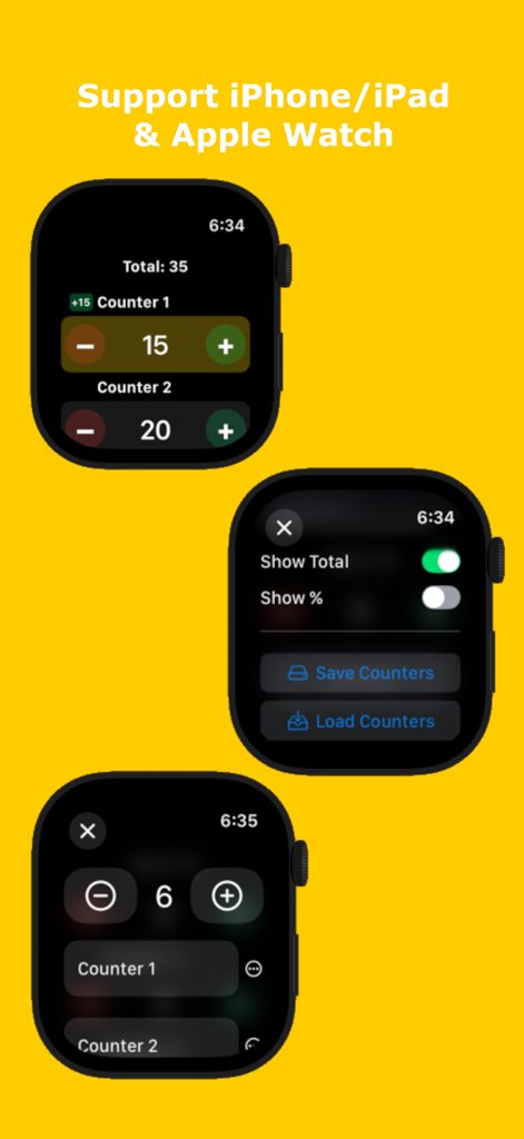 Counter on Me - Three Apple Watch screens displaying the Counter on Me app tally interface and settings