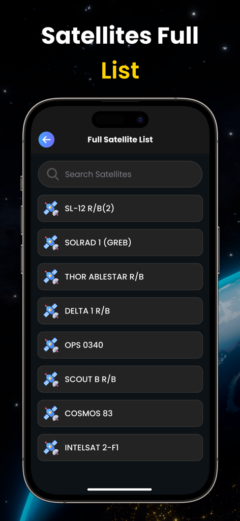 Tela de smartphone exibindo uma lista pesquisável de satélites no aplicativo Localizador e Rastreamento de Satélites