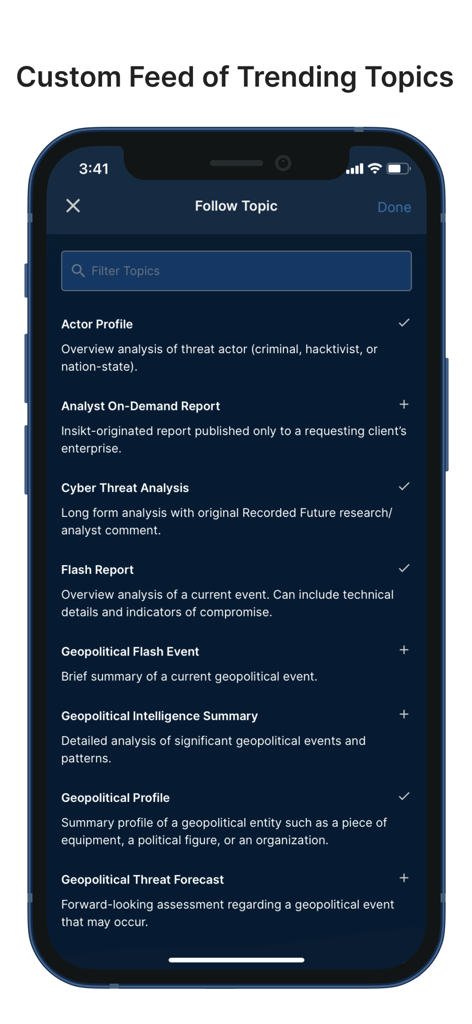 Recorded Future - Recorded Future App-Bildschirm zur Auswahl und Verfolgung von trendigen Bedrohungsintelligenz-Themen