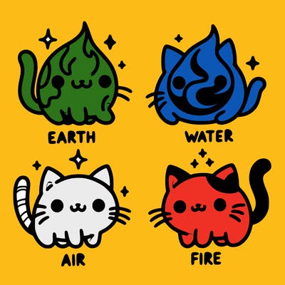 4 cats that represent the different elements, earth, water, air, and fire