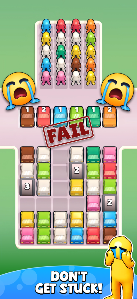 Park Match! - Park Match puzzle game fail screen showing cars and crying emojis