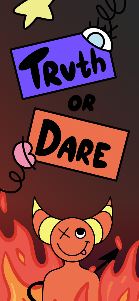 Truth or Dare? Fun Party Game - Truth or Dare party game title screen with cartoon devil and flames