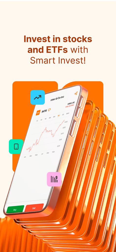A smartphone screen displaying a stock market chart for Inter and Co Inc with buy and sell options for investing.