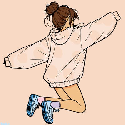 realistic girl jumping with a bun and oversized sweatshirt