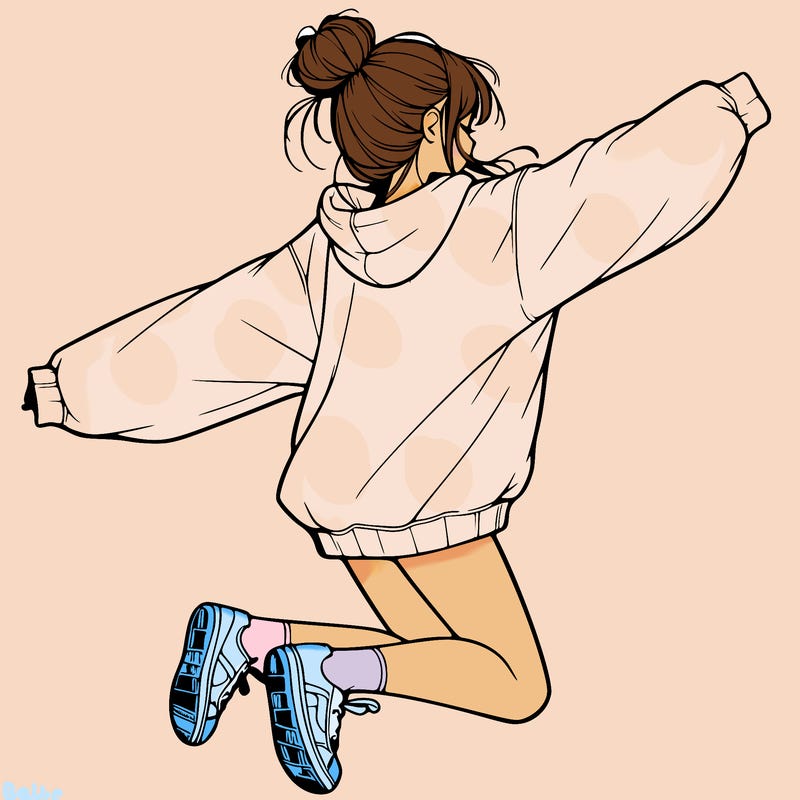 realistic girl jumping with a bun and oversized sweatshirt