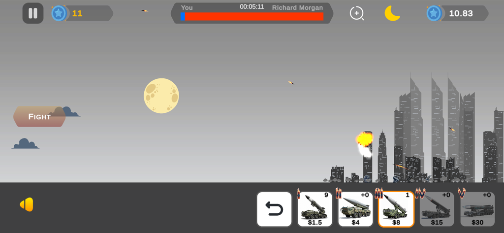 Gameplay screenshot showing a city skyline under missile attack with ICBM launcher units in the menu