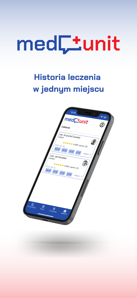 Medunit NFZ app screen showing a list of doctors and available appointment slots for medical consultations