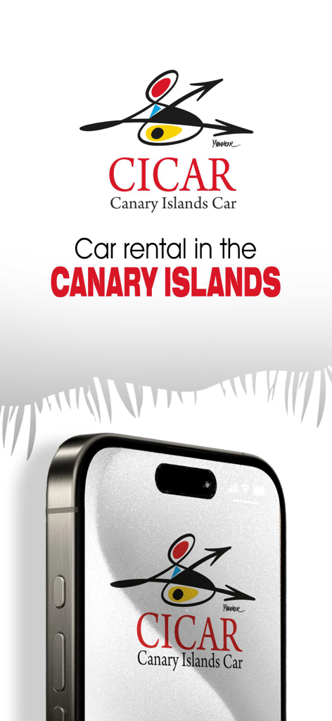 Cicar - Logo de la app de alquiler de coches Cicar y pantalla promocional para viajes a Canarias
