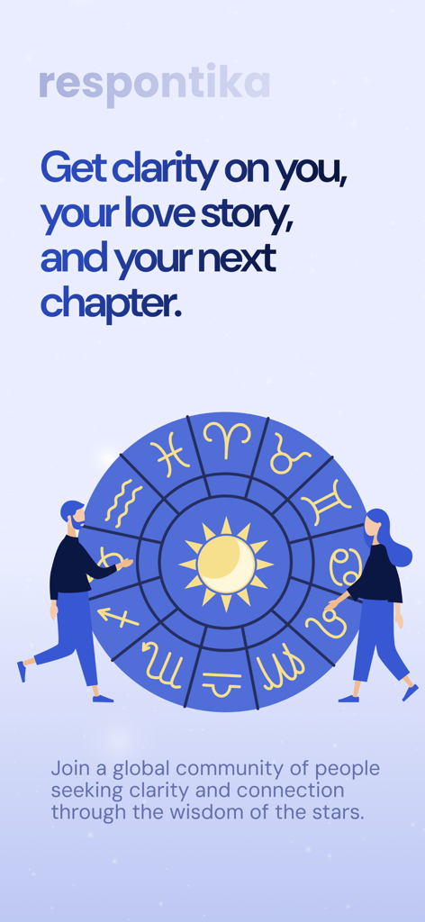 Respontika - Respontika app interface showing a zodiac wheel with human figures and text about seeking clarity in love and life.