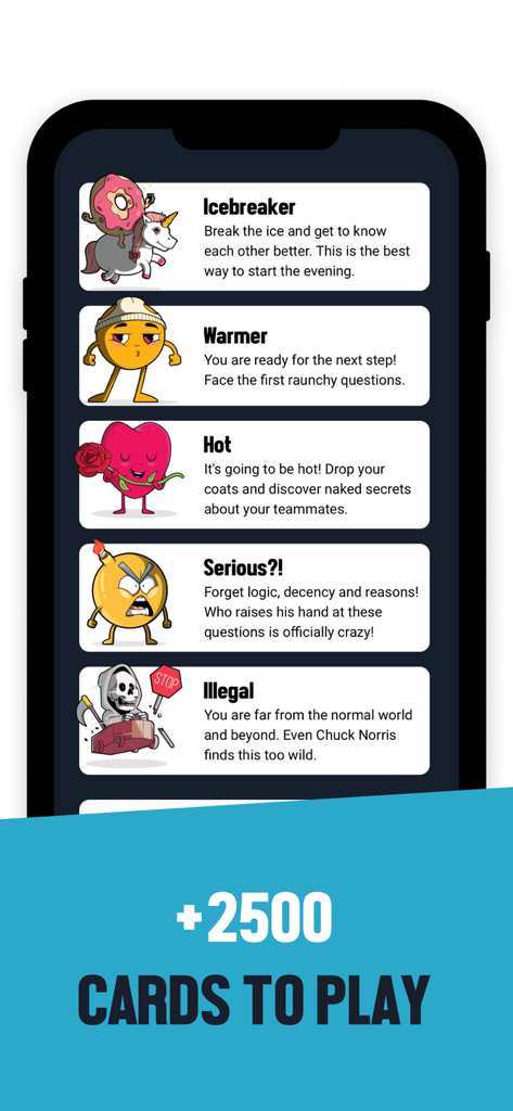 Menu of game modes in I Have Never app ranging from Icebreaker to Illegal