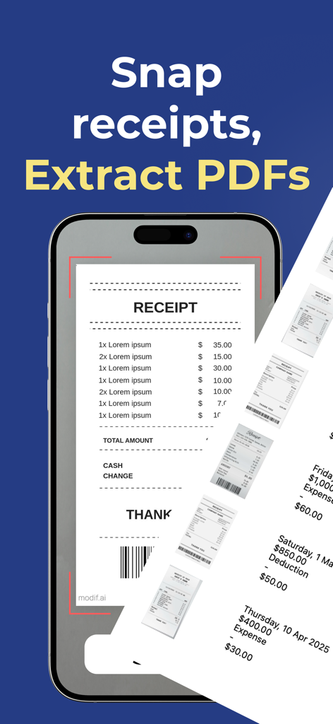 Receipt Tracker - Tax Return - Mobile app interface showing a phone scanning a receipt to extract a PDF for tax tracking and expense management