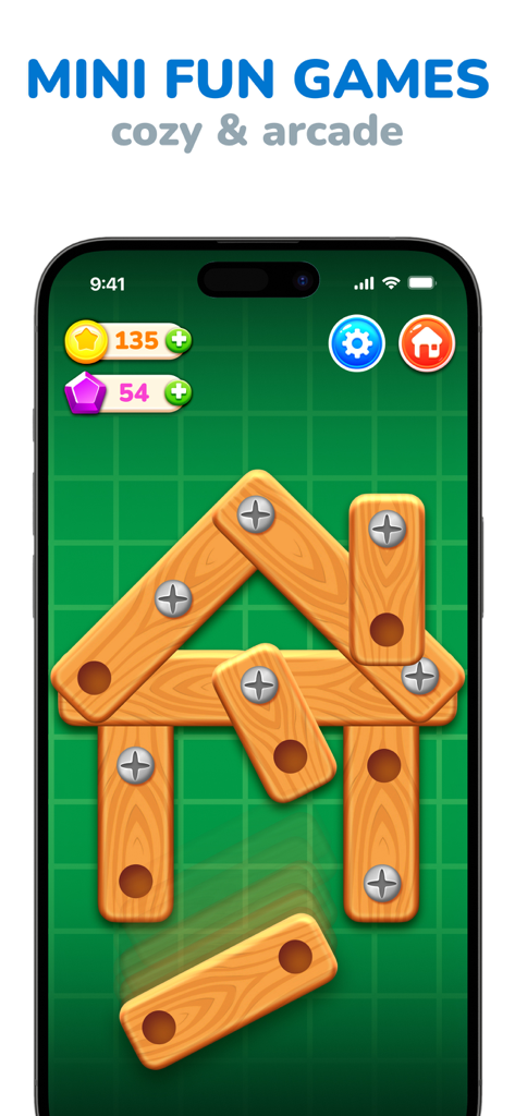 Swipe Games for Kids & Teens - Eine Minispieloberfläche von Swipe Games for Kids mit einem Holzplattenspiel mit Schrauben