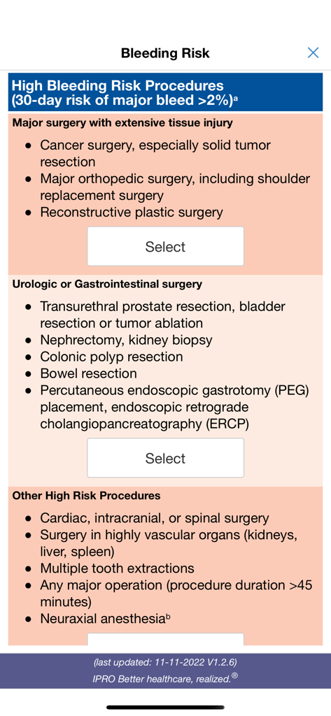 MAPPP - Medical interface listing high bleeding risk procedures within the MAPPP clinical decision support app.
