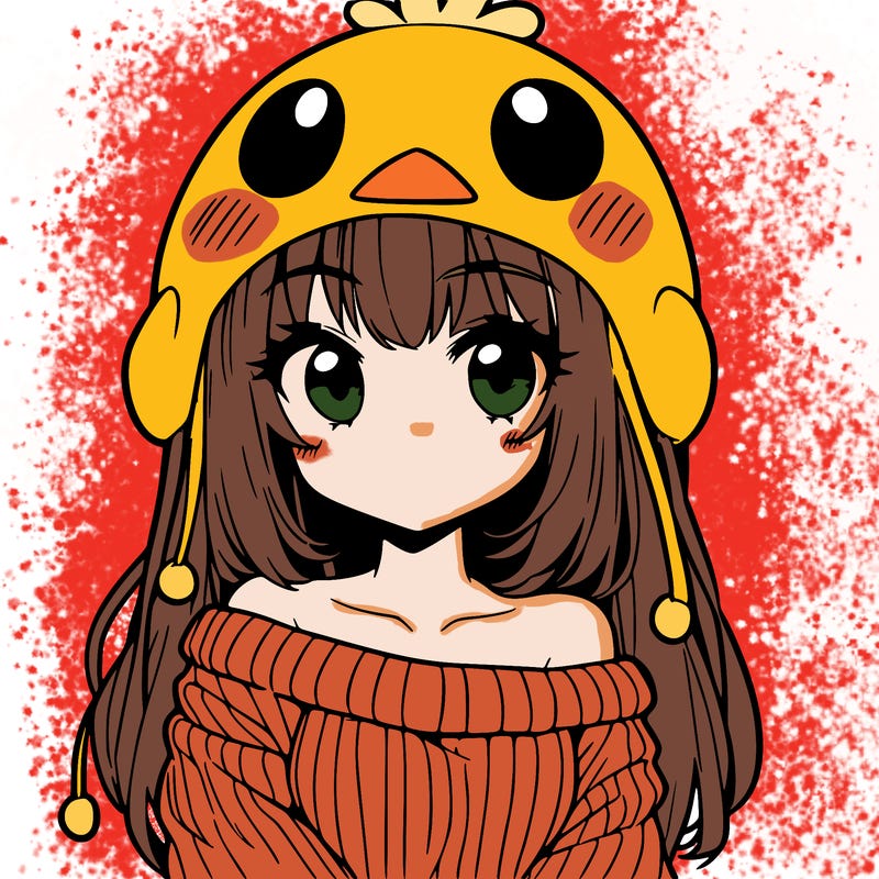 anime girl with chick shaped hat with sweater with bare shoulders with bangs covering them one eye with low tail