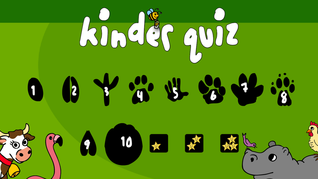 Pantalla del juego Kinder Quiz que muestra huellas de animales numeradas y varios animales de dibujos animados para la selección de nivel