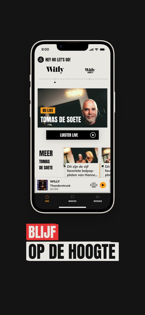 Willy - The home screen of the Willy mobile app featuring a live radio broadcast and a music player playing AC DC