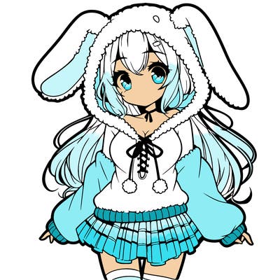 pretty anime girl wearing a fluffy hoodie with bunny ears on the hood and a skirt
