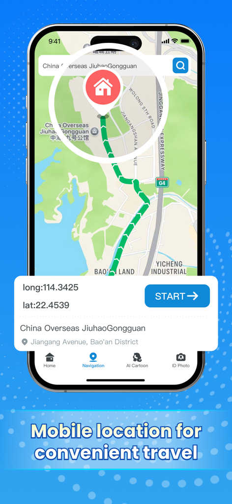 iMoveGo - Change location - iMoveGo app interface showing a map with a highlighted navigation route and GPS coordinates for changing mobile location
