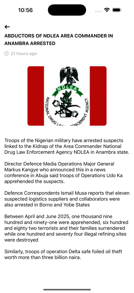 NTA News - Interfaz de la aplicación NTA News que muestra un artículo sobre el arresto de los secuestradores del comandante de la NDLEA en Nigeria.
