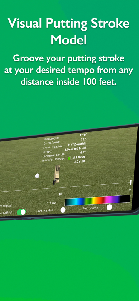 Slopegraide - Slopegraideアプリのインターフェース。テンポと距離データが表示されたビジュアルパッティングストロークモデルが表示されています。