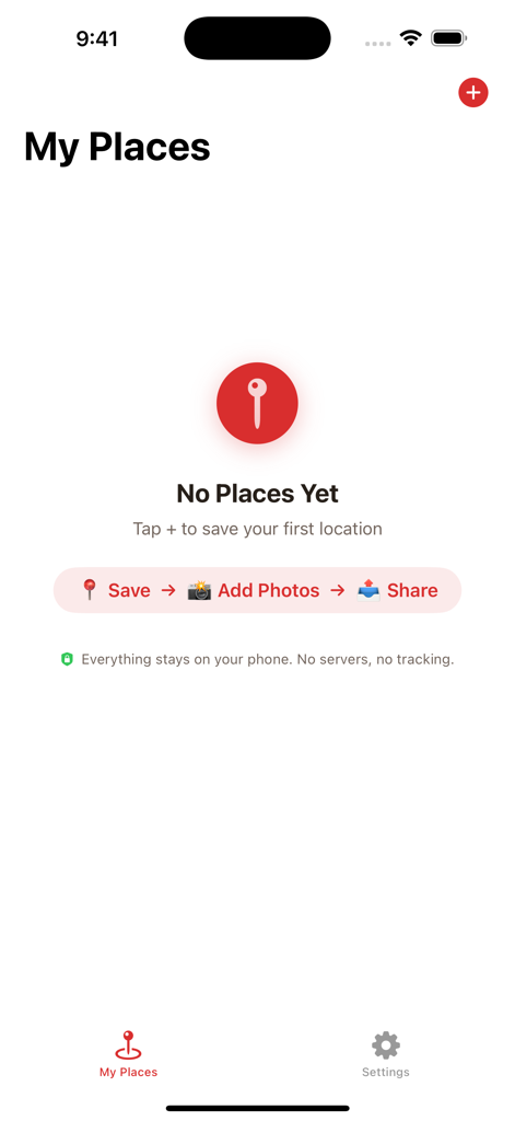 Dabbous - The My Places screen of the Dabbous app showing an empty state with instructions to save and share locations privately