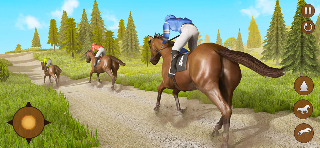 Horse Simulator Riding Games - Jinetes compitiendo en una carrera de caballos en un sendero de tierra en un juego de simulación 3D.