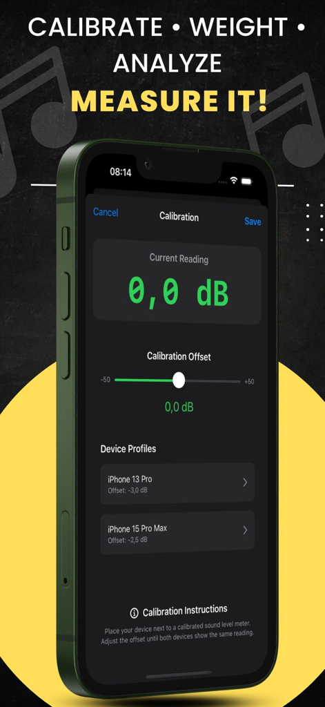 Decibel X PRO - dB Sound Meter - 현재 dB 판독값과 장치별 프로필을 보여주는 Decibel X PRO 앱 보정 화면