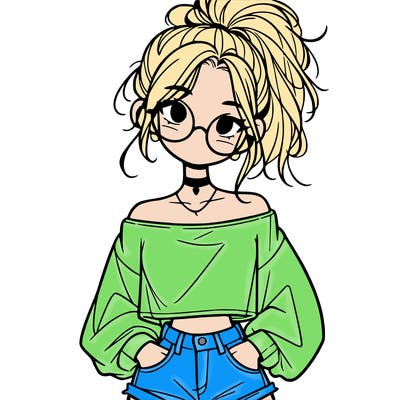 girl with a messy ponytail glasses a baggy crop top and jean shorts