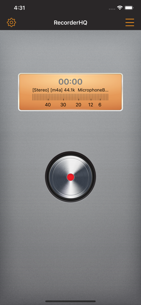 RecorderHQ Pro - RecorderHQ Pro main recording screen with audio format settings and a large central record button