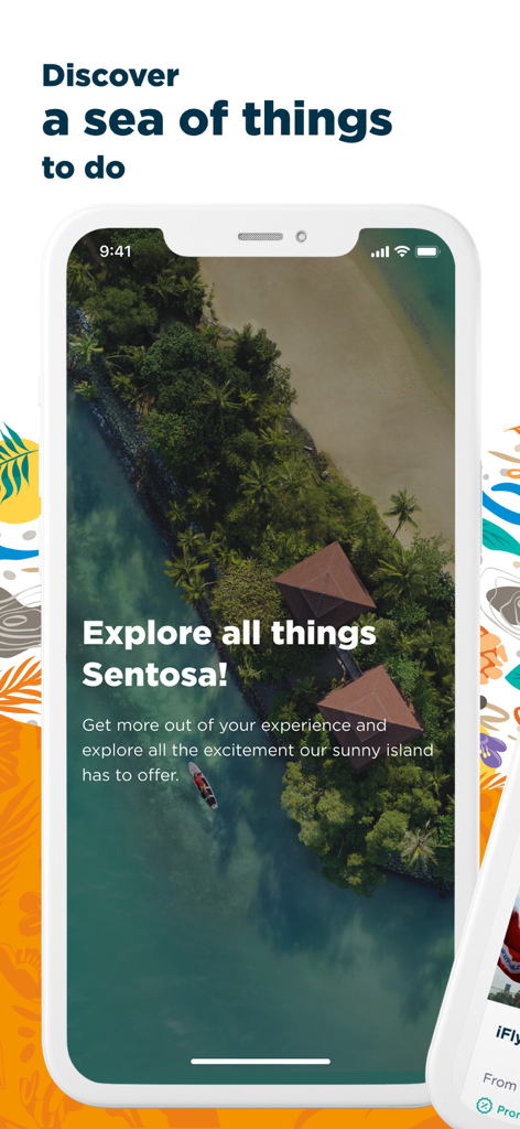 MySentosa - Pantalla de un smartphone mostrando la aplicación MySentosa con una vista aérea de la isla y el titular Descubre un mar de cosas que hacer
