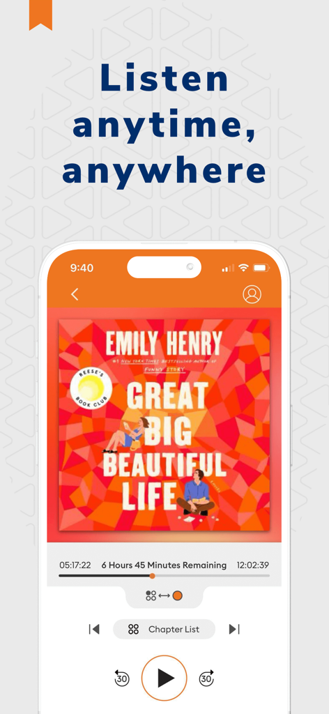 Audiobooks.com: Get audiobooks - Mobile app interface for Audiobooks.com showing the playback screen for an Emily Henry audiobook titled Great Big Beautiful Life.