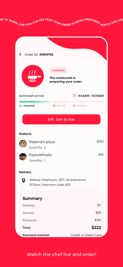 LiveChef Online Restaurant - Pantalla de estado y resumen del pedido en la aplicación LiveChef con un botón para ver al chef preparar la comida en vivo