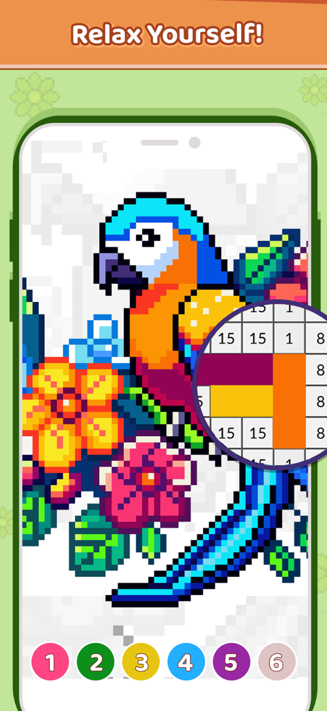 Pixel Breeze - Color By Number - A colorful pixel art parrot being colored by number on a mobile phone screen with the text Relax Yourself.