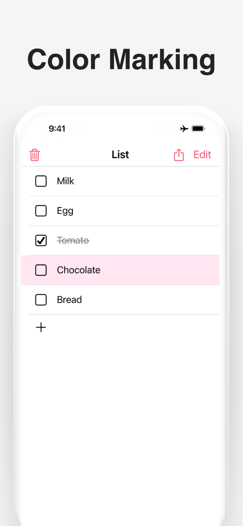 Una interfaz de aplicación de lista de compras que muestra una función de marcado por colores en un artículo de la lista