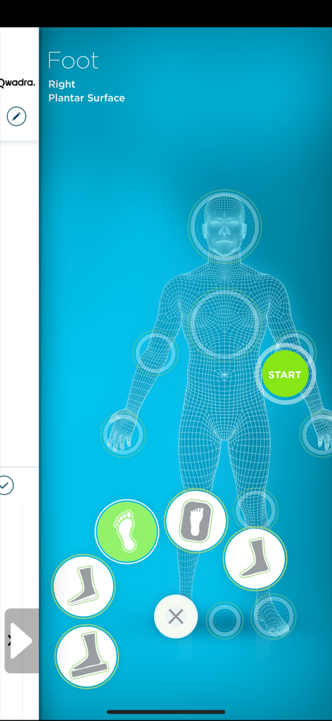 Celeris 3d Vision - Interfaz de la aplicación Celeris 3D Vision que muestra un modelo de alambre del cuerpo humano con puntos de selección anatómicos para escaneo médico 3D.