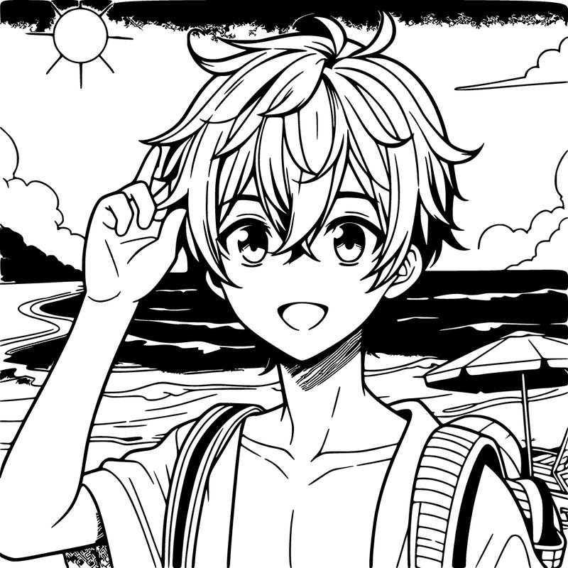 anime boy at the beach