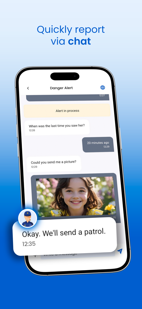 AlertCops mobile app chat interface showing a user reporting an emergency with a photo and receiving a police response
