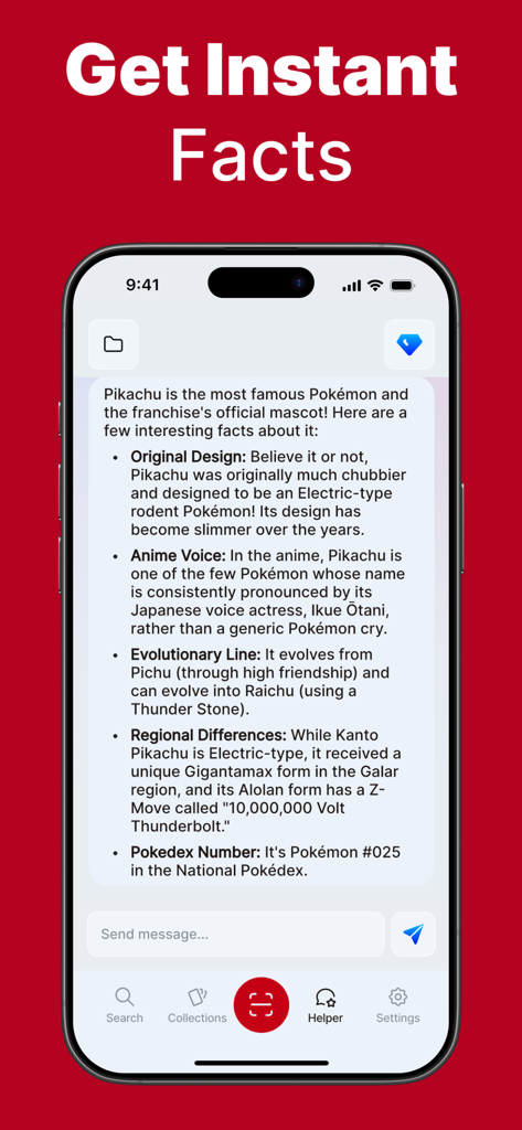 TCG Card Value Scanner - DEX - Smartphone displaying Pikachu facts in the TCG Card Value Scanner app helper tool.