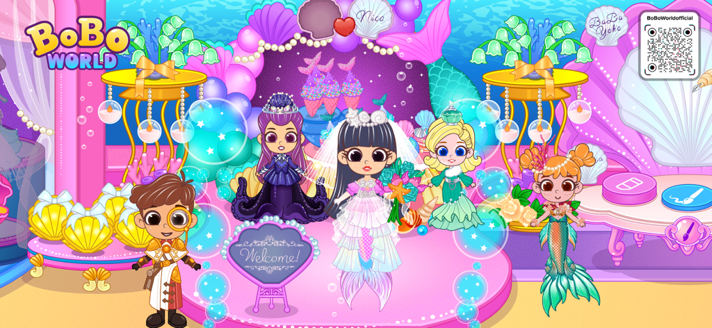 BoBo World: The Little Mermaid - BoBo Worldで、カラフルなピンクの海中王国で祝うカートゥーンの人魚のプリンセスと王子。